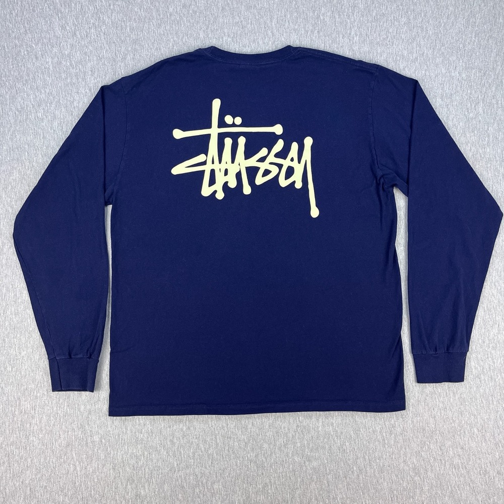 Vintage Stussy Long Sleeve T-Shirt Mens L Blue Double-Sided Logo Spellout Y2K